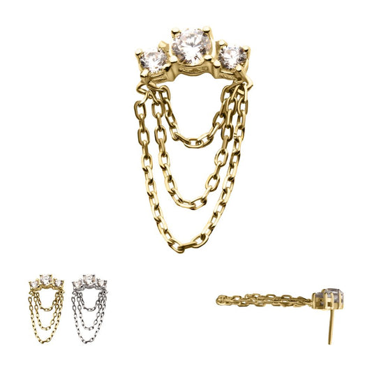 14Kt-Gold Threadless Threadless 3-Cluster Prong Set Gem Top with 3-Tier Dangle Chain