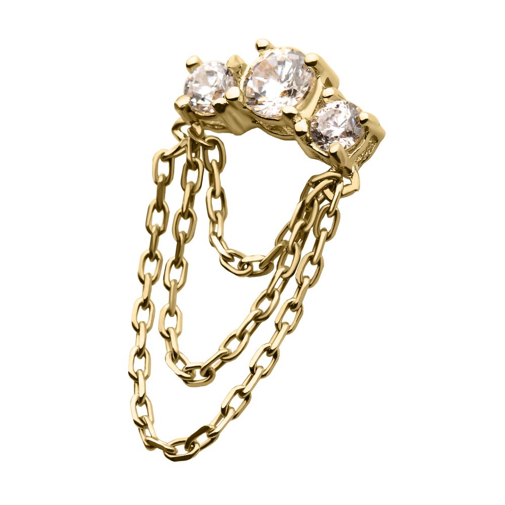 14Kt-Gold Threadless Threadless 3-Cluster Prong Set Gem Top with 3-Tier Dangle Chain