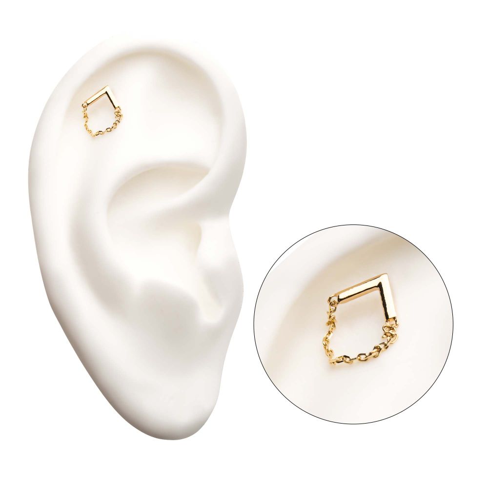 14Kt Yellow Gold Threadless Chevron Top with Dangling Chain