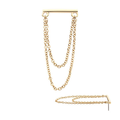 14Kt Gold Threadless Bar Top with 2-Tier Chain Dangle