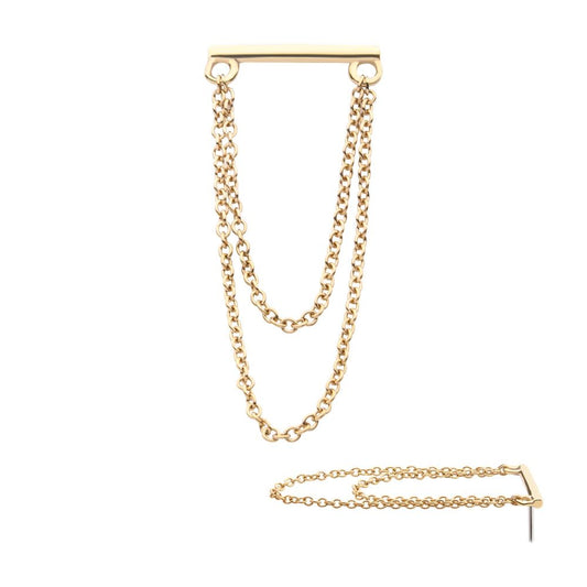 14Kt Gold Threadless Bar Top with 2-Tier Chain Dangle