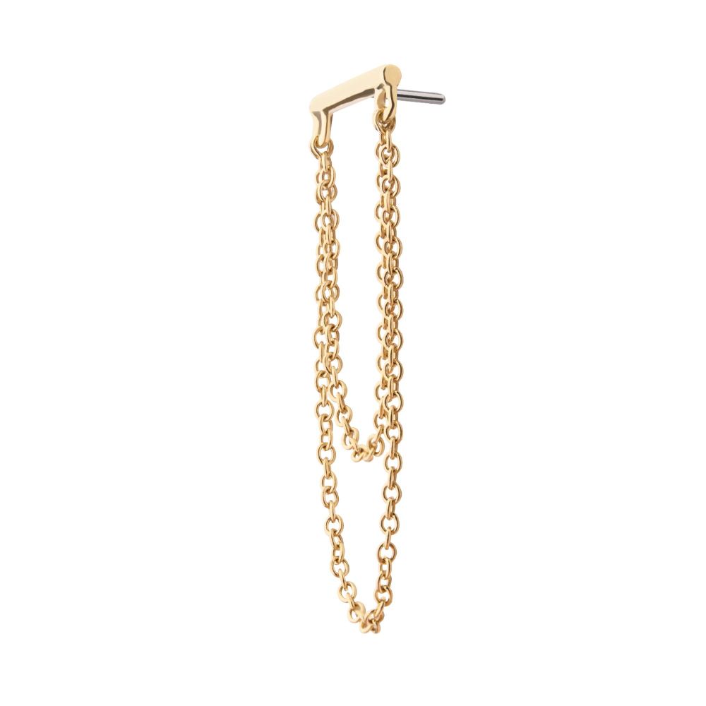 14Kt Gold Threadless Bar Top with 2-Tier Chain Dangle