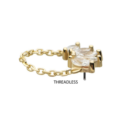 14Kt Gold Threadless 5 Cluster Marquise Prong Set Gem Fan Top with Chain Dangle