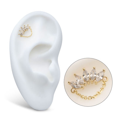 14Kt Gold Threadless 5 Cluster Marquise Prong Set Gem Fan Top with Chain Dangle