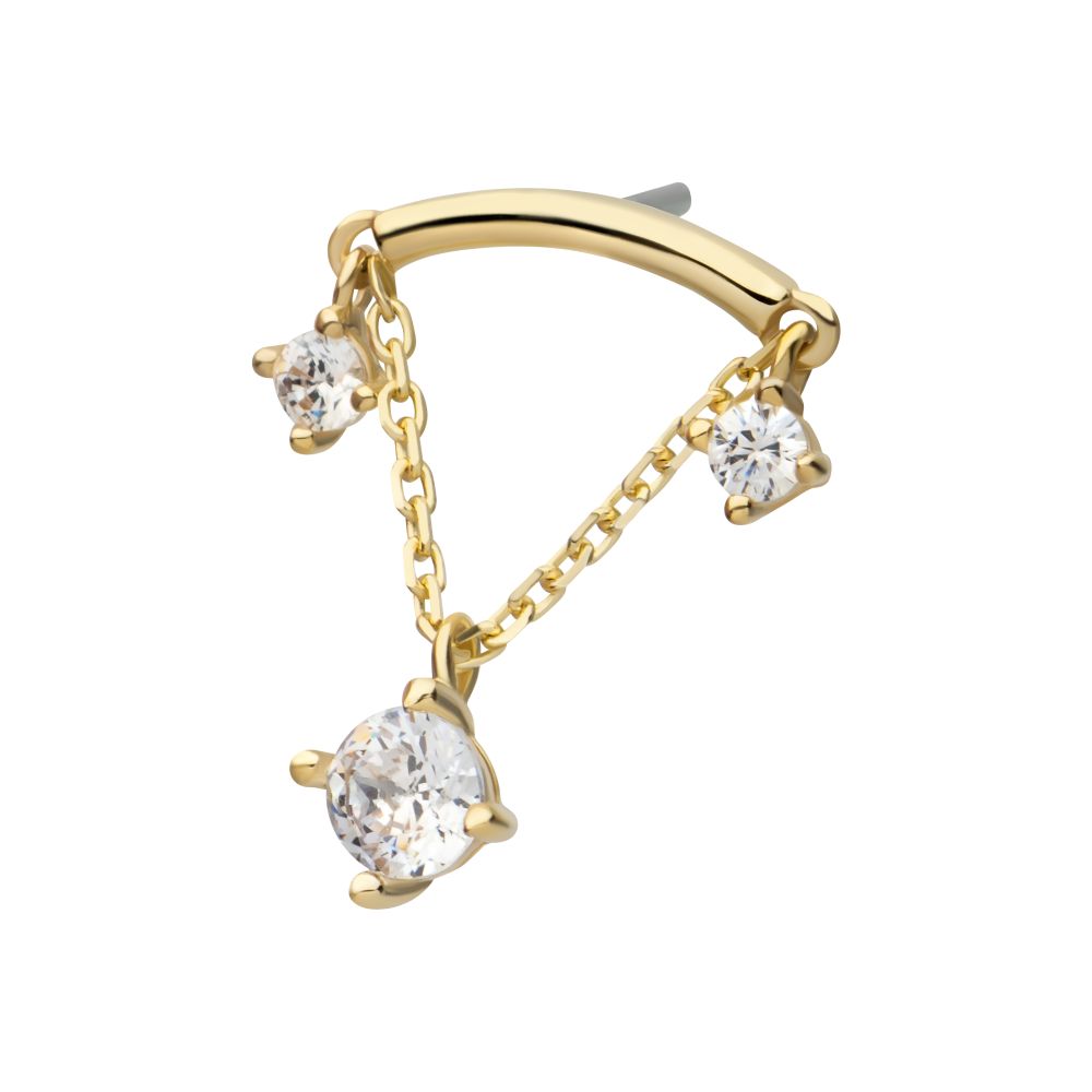 14Kt Gold Threadless Curve Bar Top with Prong Set Gem & Chain Dangle