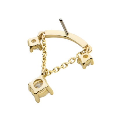 14Kt Gold Threadless Curve Bar Top with Prong Set Gem & Chain Dangle