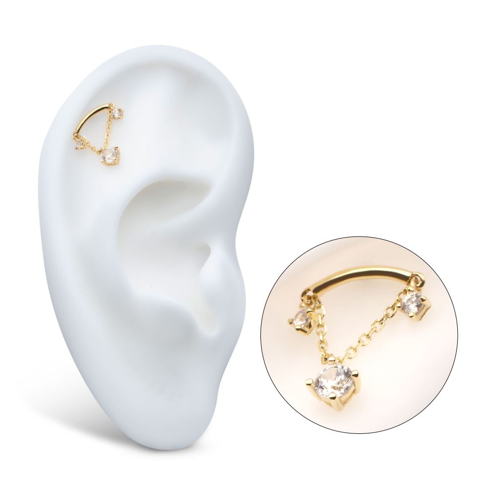 14Kt Gold Threadless Curve Bar Top with Prong Set Gem & Chain Dangle