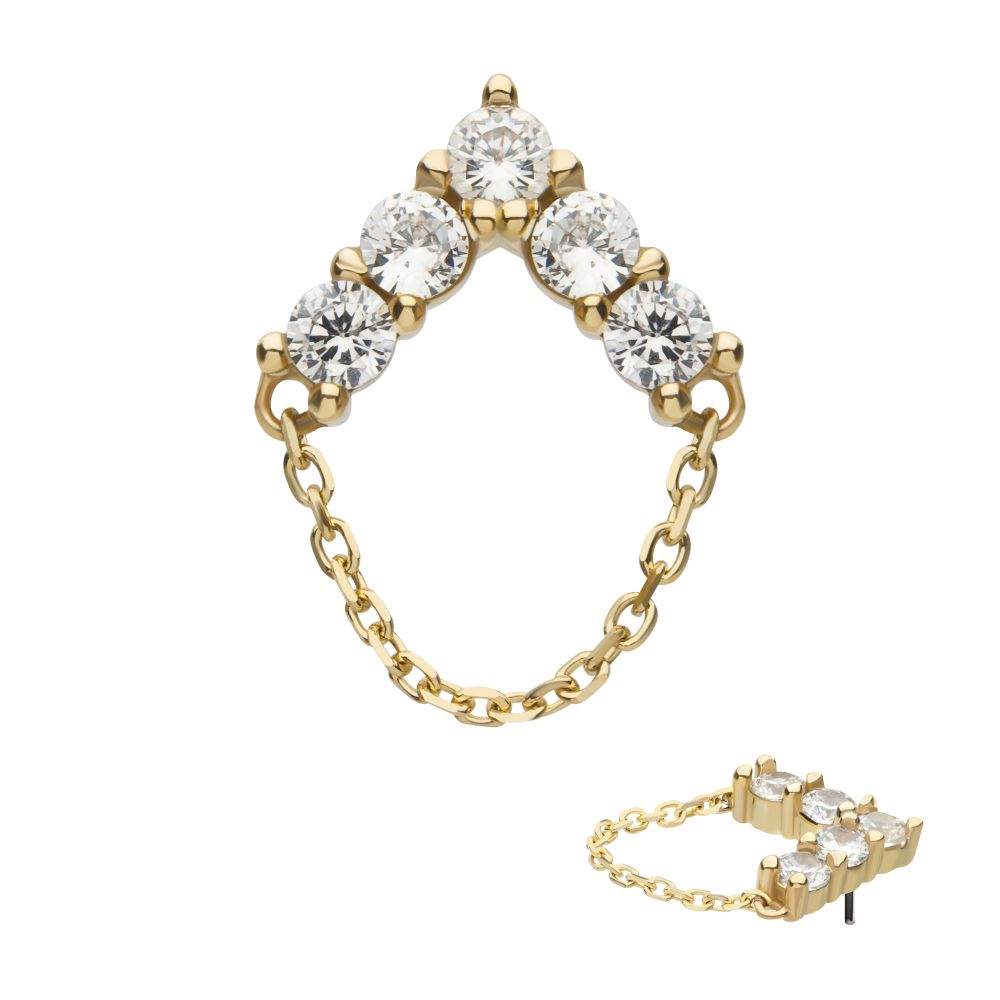 14Kt Yellow Gold Threadless 5 Round Prong Set CZ Chevron Shape Top with Dangle Chain
