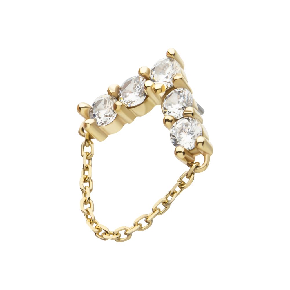 14Kt Yellow Gold Threadless 5 Round Prong Set CZ Chevron Shape Top with Dangle Chain