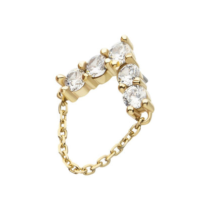 14Kt Yellow Gold Threadless 5 Round Prong Set CZ Chevron Shape Top with Dangle Chain