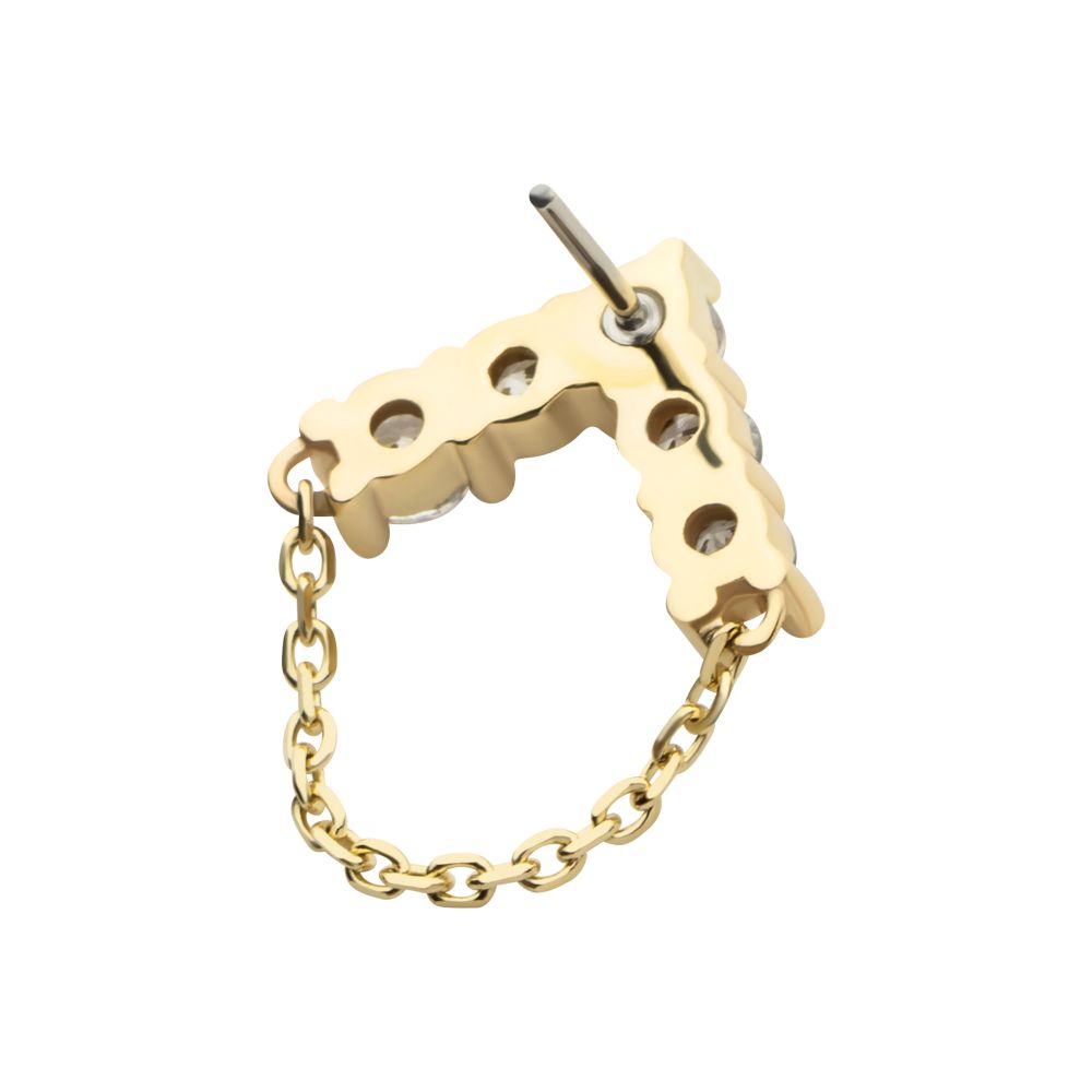 14Kt Yellow Gold Threadless 5 Round Prong Set CZ Chevron Shape Top with Dangle Chain
