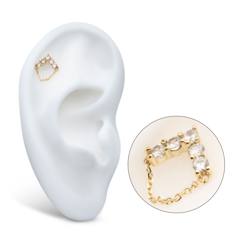 14Kt Yellow Gold Threadless 5 Round Prong Set CZ Chevron Shape Top with Dangle Chain