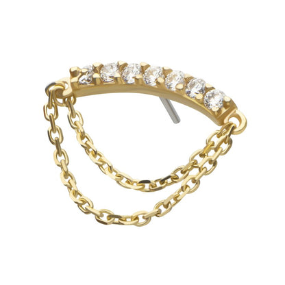 14Kt Yellow Gold Threadless 7 Round Prong Set CZ Curve Bar Top with 2 Tier Dangle Chain