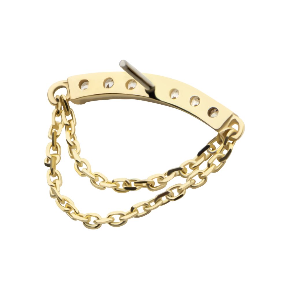 14Kt Yellow Gold Threadless 7 Round Prong Set CZ Curve Bar Top with 2 Tier Dangle Chain