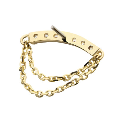 14Kt Yellow Gold Threadless 7 Round Prong Set CZ Curve Bar Top with 2 Tier Dangle Chain