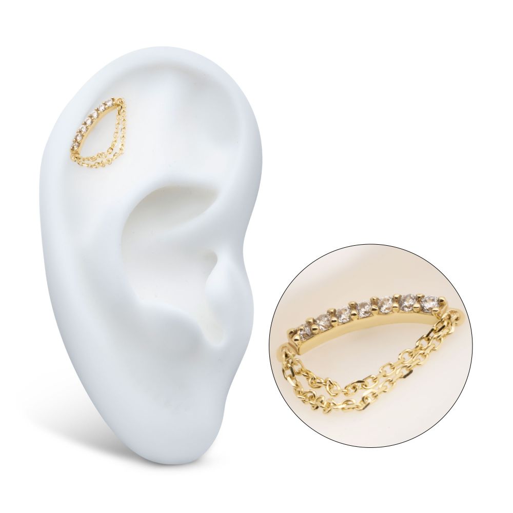 14Kt Yellow Gold Threadless 7 Round Prong Set CZ Curve Bar Top with 2 Tier Dangle Chain