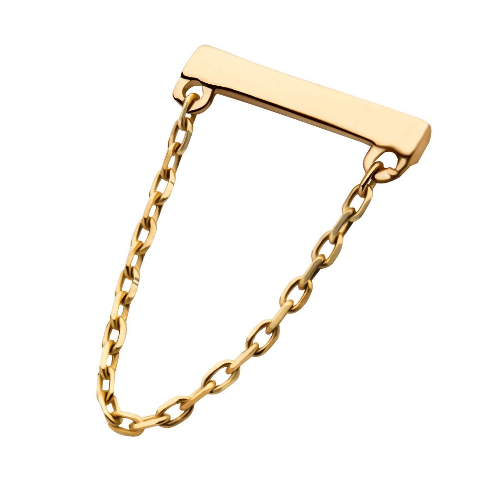 14Kt Yellow Gold Threadless Bar Top with Dangling Chain