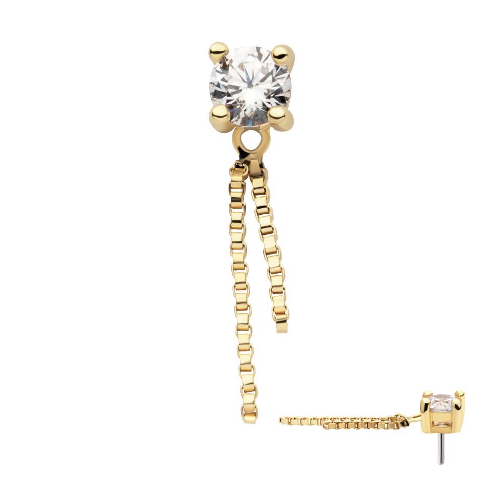 14Kt Gold Threadless Prong Set CZ Top with Dangle Double Box Chain