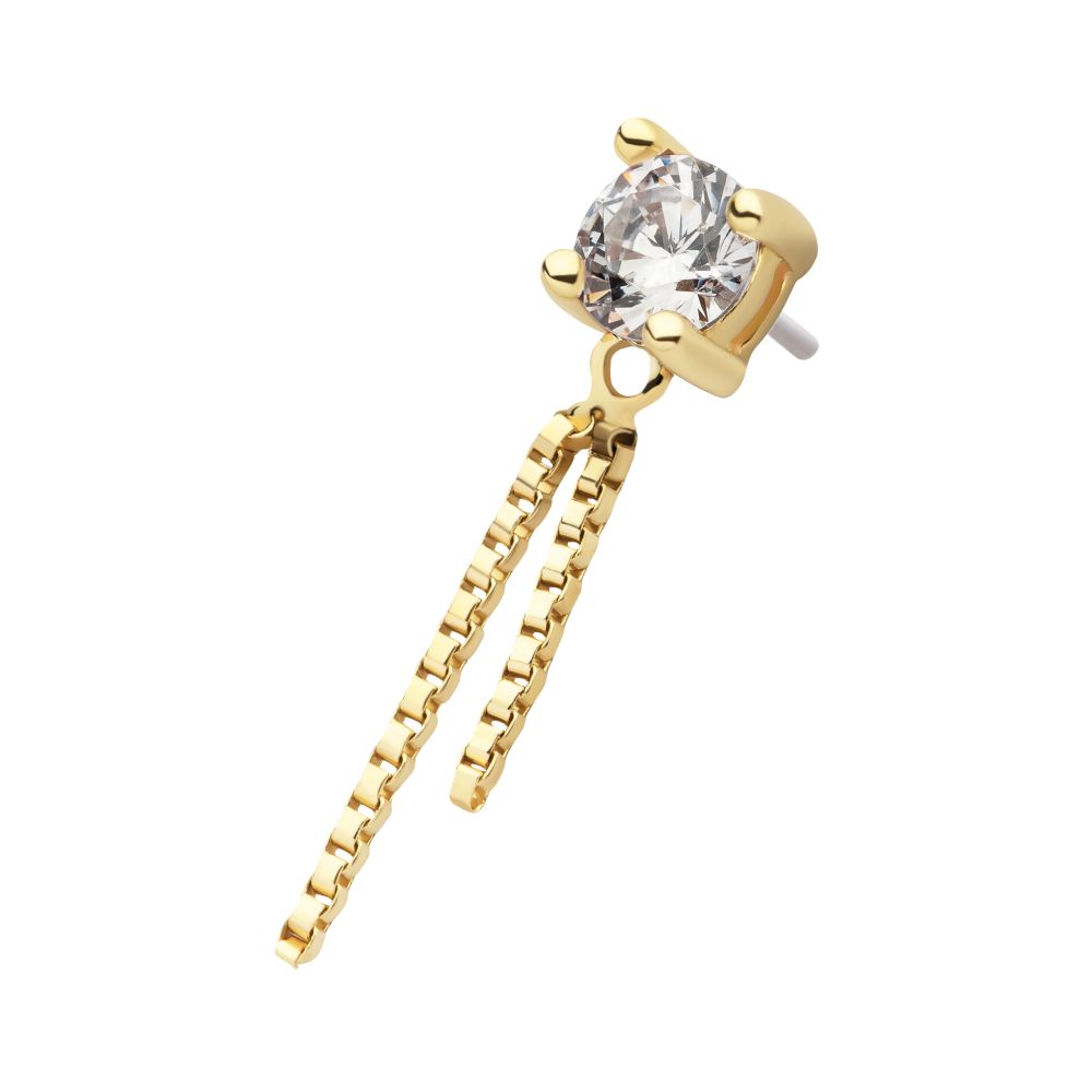 14Kt Gold Threadless Prong Set CZ Top with Dangle Double Box Chain