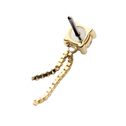 14Kt Gold Threadless Prong Set CZ Top with Dangle Double Box Chain