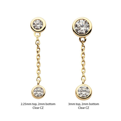 14Kt Gold Threadless Double Bezel Set Round CZ with Dangle Chain Top