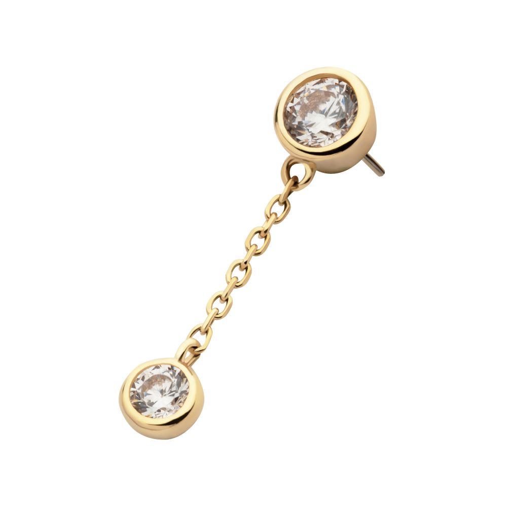 14Kt Gold Threadless Double Bezel Set Round CZ with Dangle Chain Top