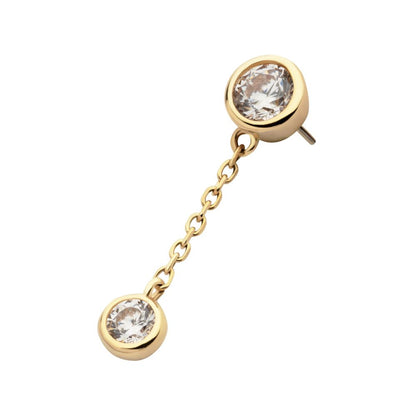 14Kt Gold Threadless Double Bezel Set Round CZ with Dangle Chain Top