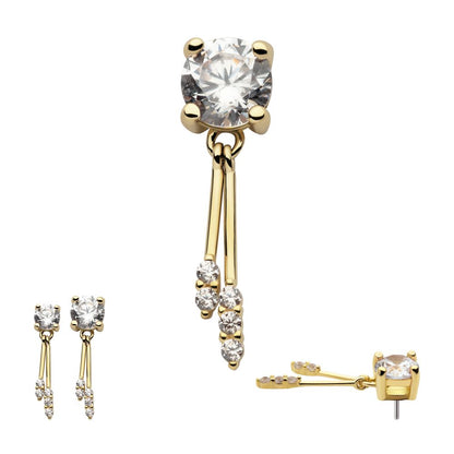 14Kt Gold Threadless Prong Set CZ Top with Gemmed Dangle Double Bar