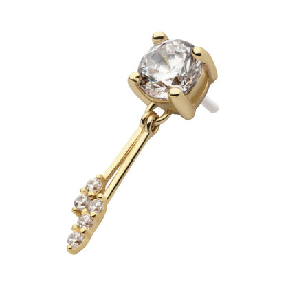 14Kt Gold Threadless Prong Set CZ Top with Gemmed Dangle Double Bar