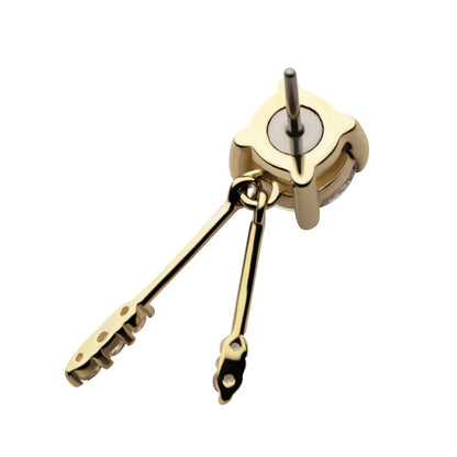 14Kt Gold Threadless Prong Set CZ Top with Gemmed Dangle Double Bar