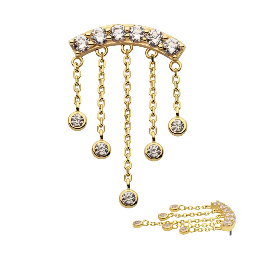 14Kt Gold Threadless 6 Cluster CZ Curved Bar Top with 5 Gemmed Dangle Chains
