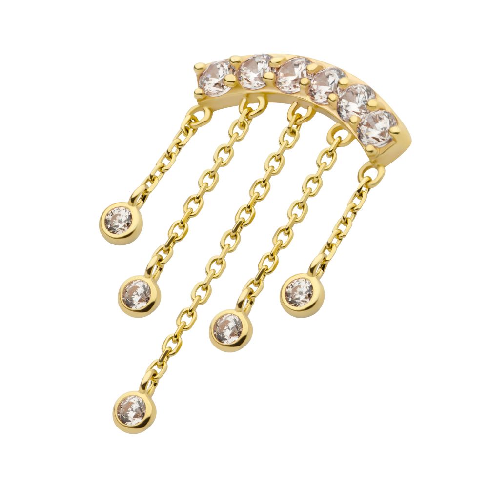 14Kt Gold Threadless 6 Cluster CZ Curved Bar Top with 5 Gemmed Dangle Chains