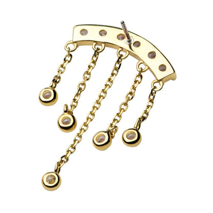 14Kt Gold Threadless 6 Cluster CZ Curved Bar Top with 5 Gemmed Dangle Chains