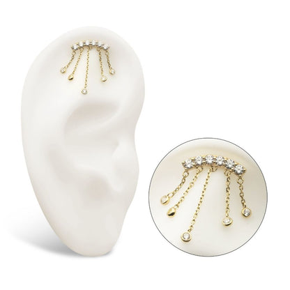 14Kt Gold Threadless 6 Cluster CZ Curved Bar Top with 5 Gemmed Dangle Chains