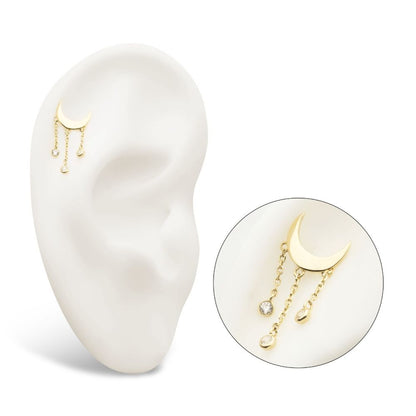 14Kt Gold Threadless Crescent Moon Top with Bezel Set CZ Dangle Triple Chain