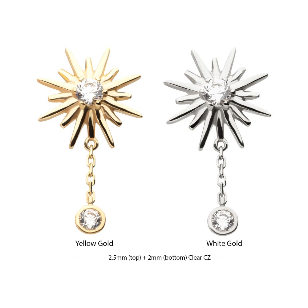 14Kt Gold Threadless Double Prong Set CZ Sunburst with Dangle Chain Top