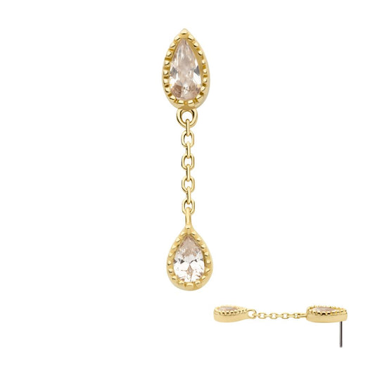 14Kt Yellow Gold Threadless Double Teardrop CZ Dangle Chain Top