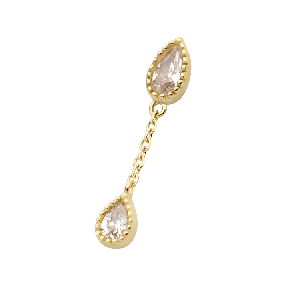 14Kt Yellow Gold Threadless Double Teardrop CZ Dangle Chain Top