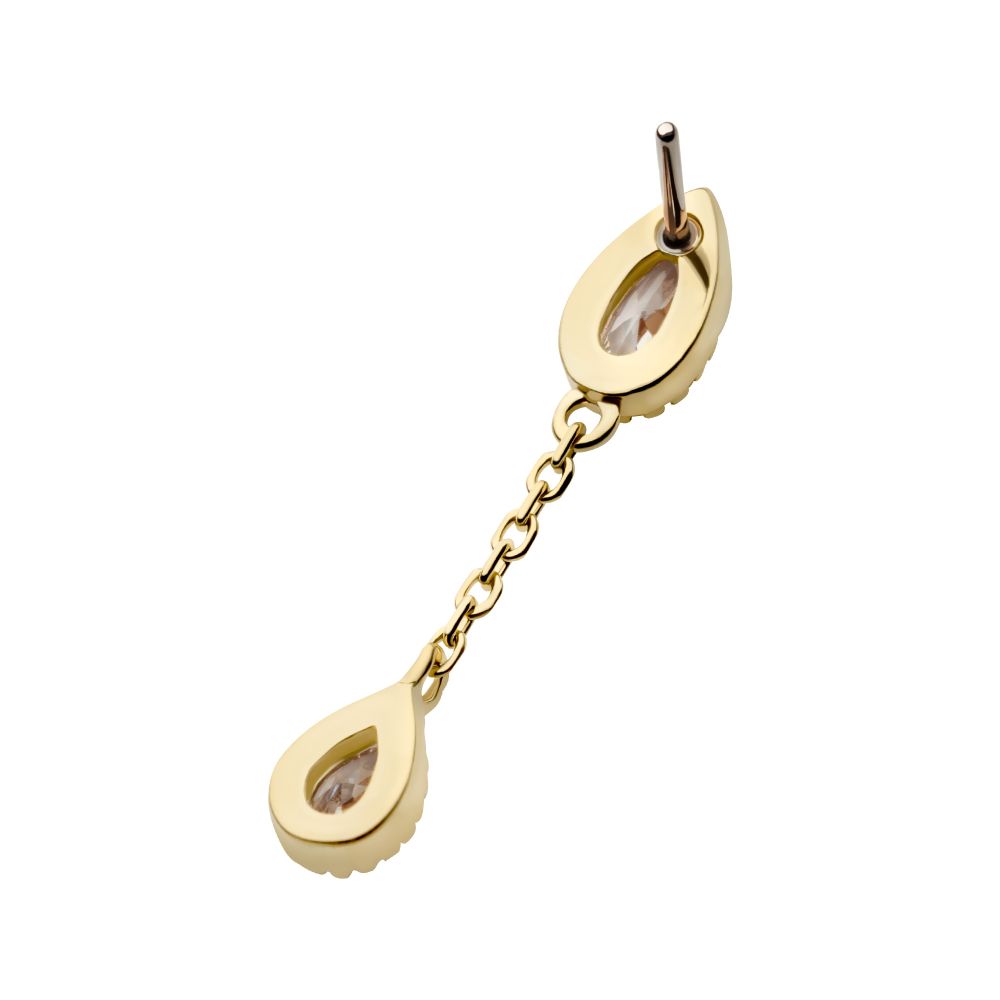 14Kt Yellow Gold Threadless Double Teardrop CZ Dangle Chain Top