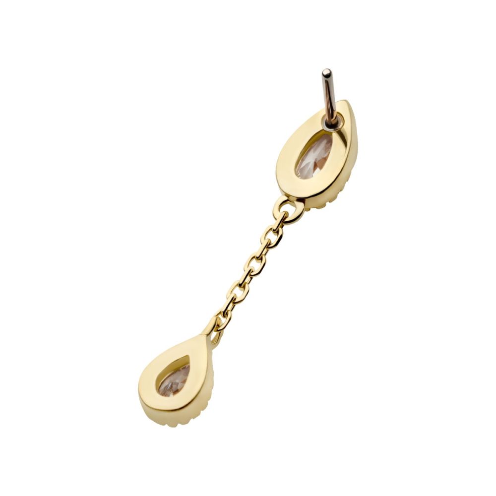14Kt Yellow Gold Threadless Double Teardrop CZ Dangle Chain Top