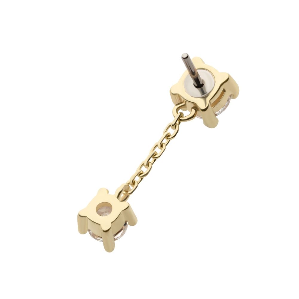 14Kt Gold Threadless Double Prong Set Round CZ with Dangle Chain Top