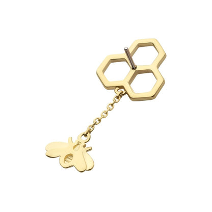 14Kt Gold Threadless Honeycomb with Dangle Chain & Bee Top