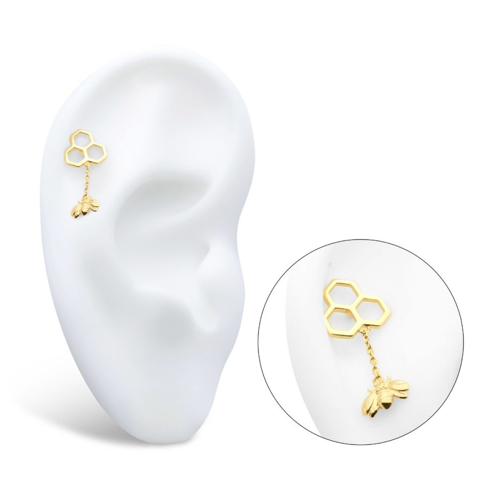 14Kt Gold Threadless Honeycomb with Dangle Chain & Bee Top