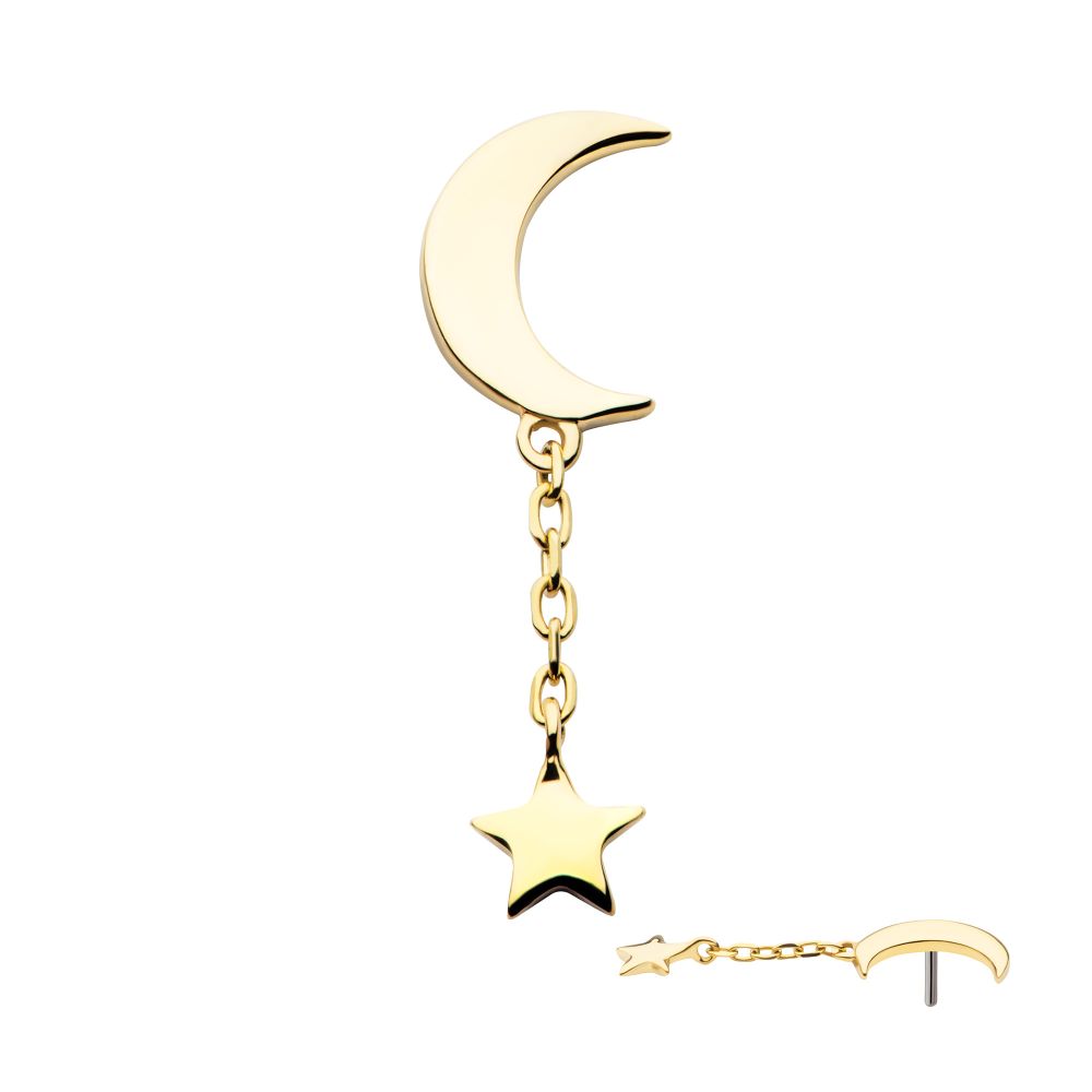 14Kt Gold Threadless Crescent Moon with Dangle Chain & Star Top
