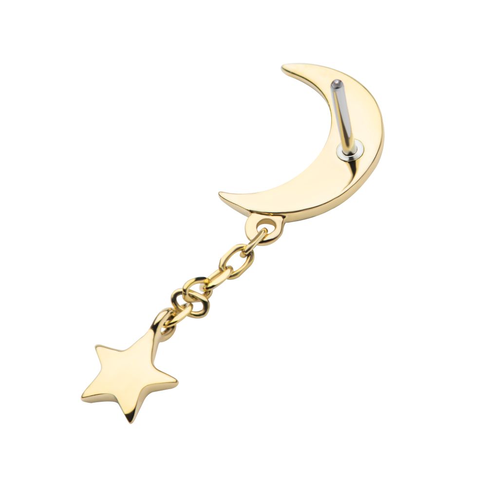 14Kt Gold Threadless Crescent Moon with Dangle Chain & Star Top
