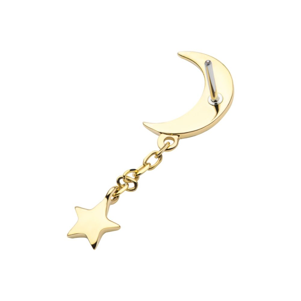 14Kt Gold Threadless Crescent Moon with Dangle Chain & Star Top