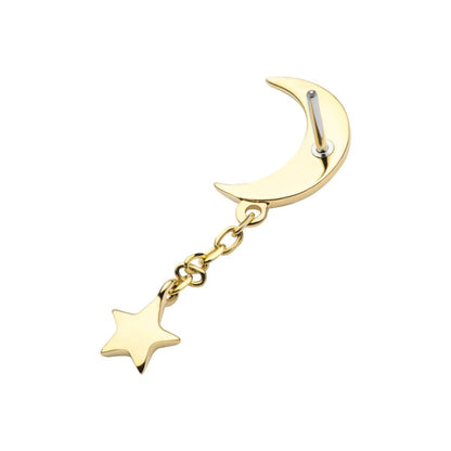 14Kt Gold Threadless Crescent Moon with Dangle Chain & Star Top
