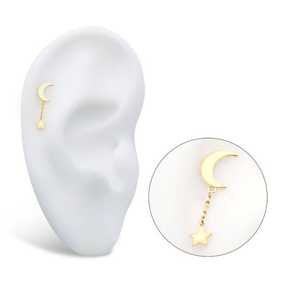 14Kt Gold Threadless Crescent Moon with Dangle Chain & Star Top