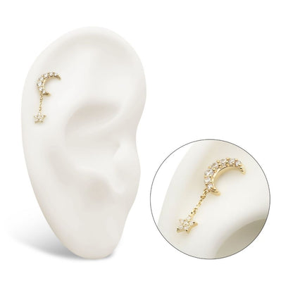 14Kt Gold Threadless Pave Set CZ Crescent Moon Top with Pave Set CZ Star Dangle Chain