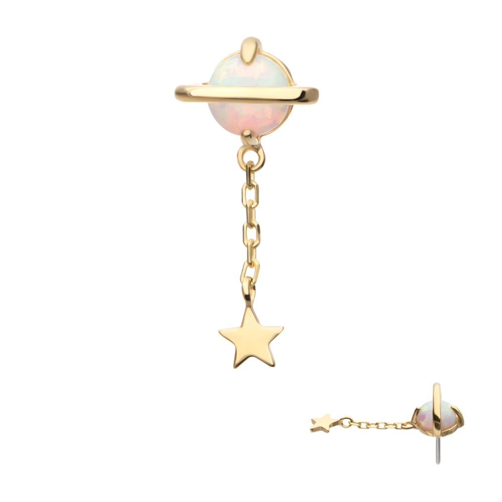 14Kt Yellow Gold Threadless Opal Planet Top with Chain Star Dangle